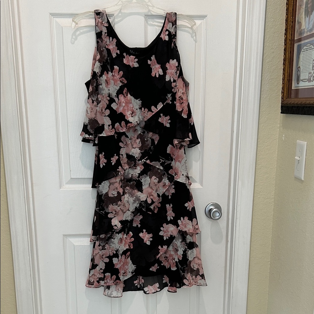 SL Fashions Black Dress with Pink Floral Design